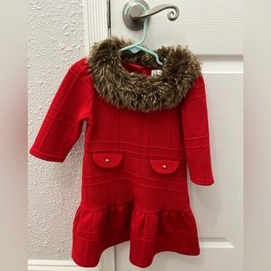 Janie and Jack red jacquard dress with faux fur collar
